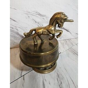 Vintage Brass Unicorn Music Box 1970s Fantasy Figurine Spinning Base Works Great